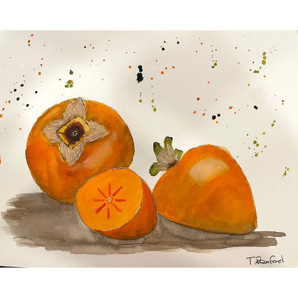 Hand painted watercolor original painting persimmons fruit